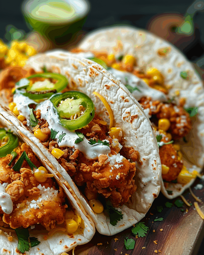 Fried Chicken Street Corn Tacos with Jalapeno Lime Ranch