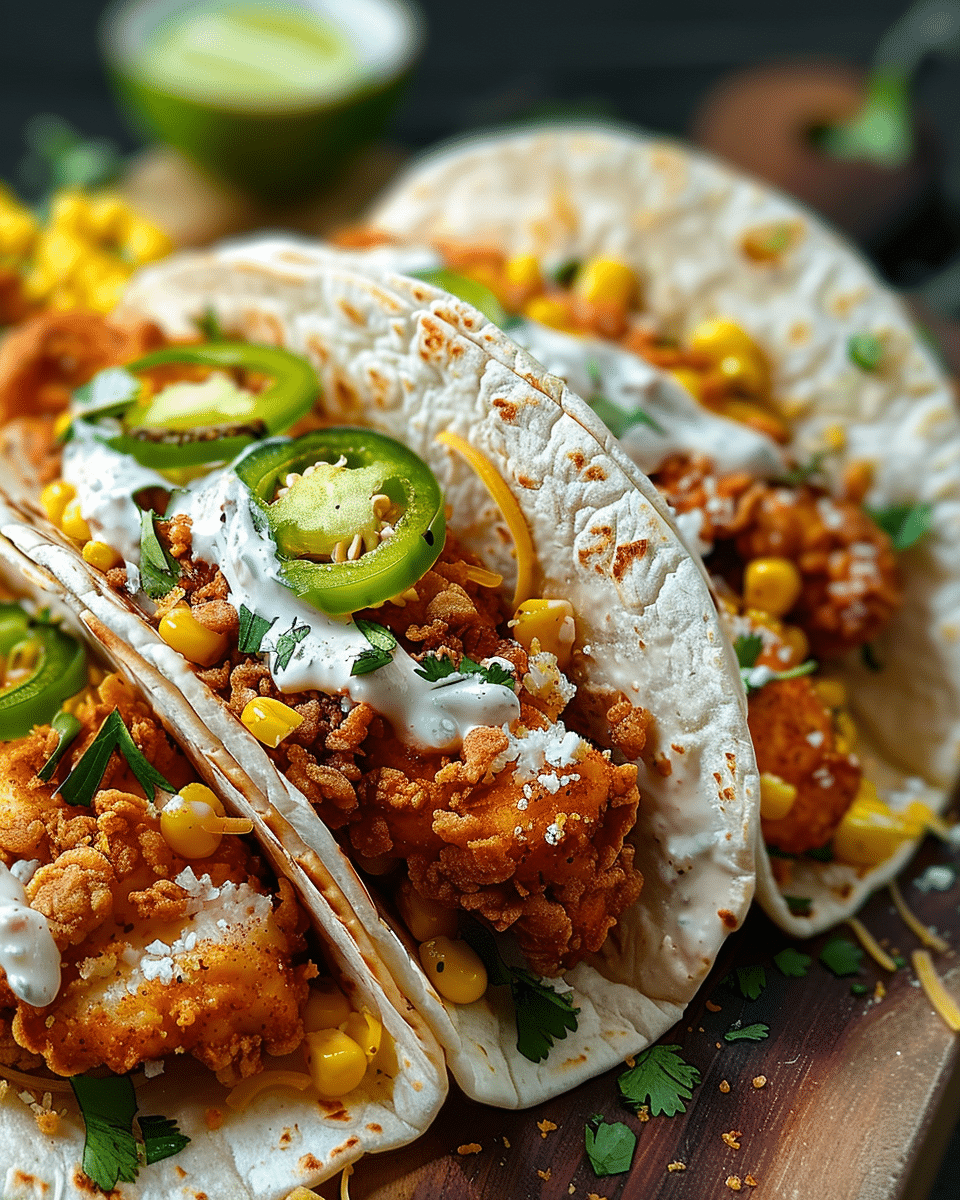 Fried Chicken Street Corn Tacos with Jalapeno Lime Ranch