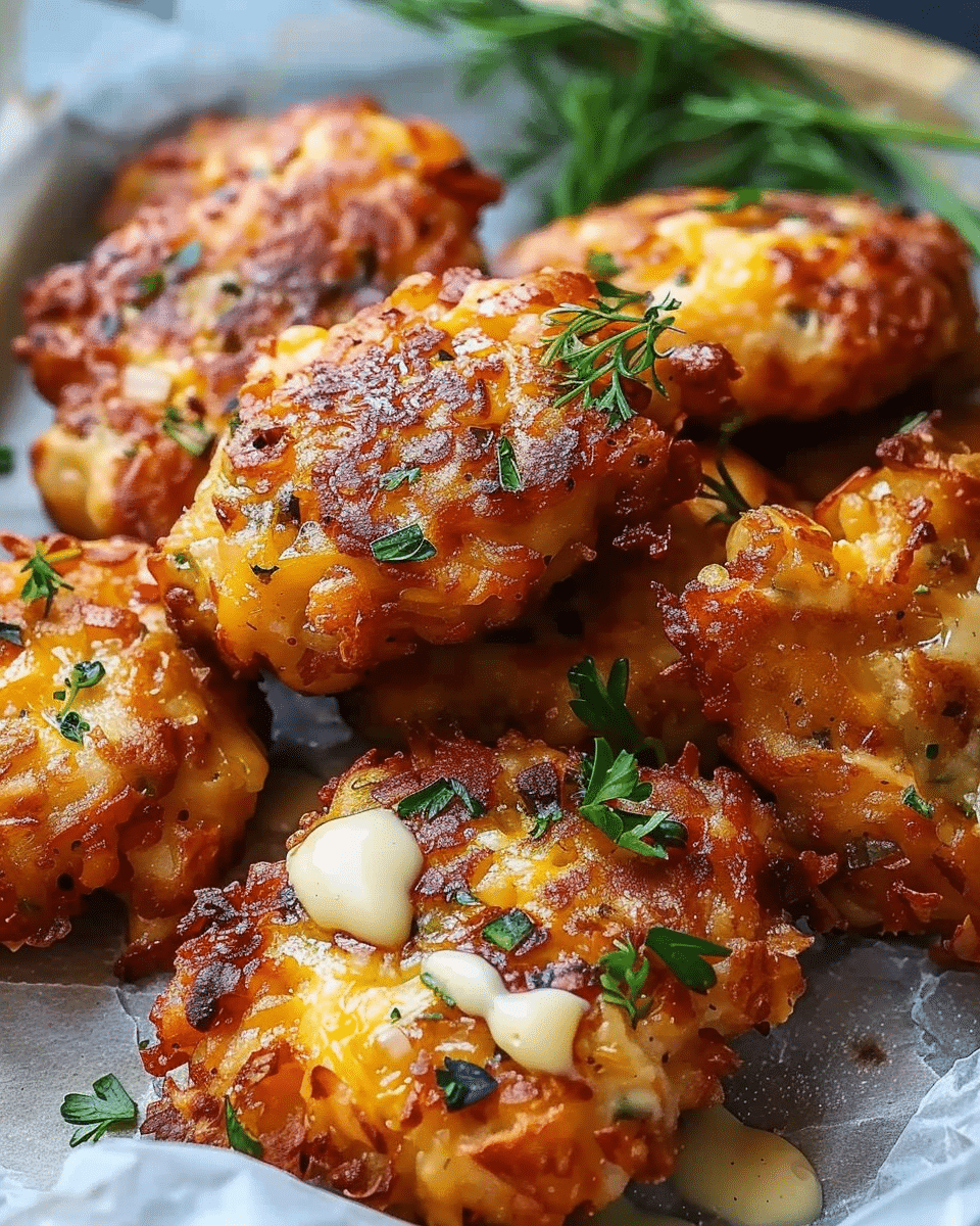 Cheesy Chicken Fritters with Garlic Aioli Dip