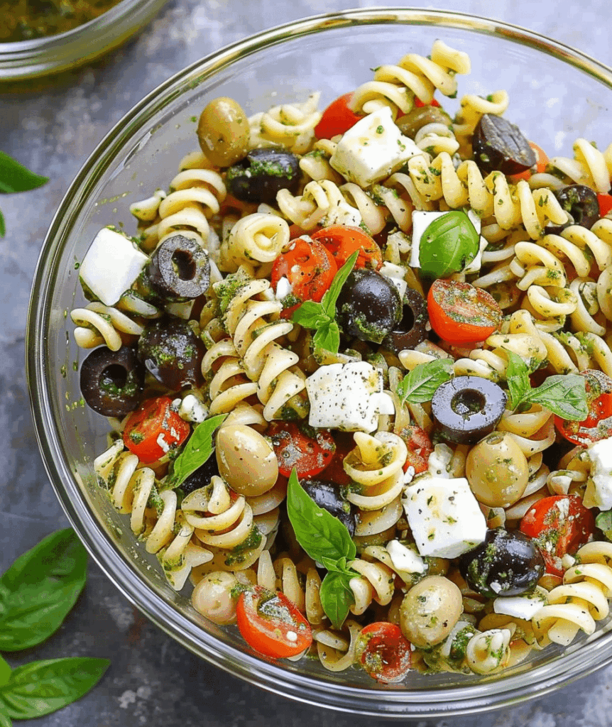 Pesto Pasta Salad with Mozzarella and Olives