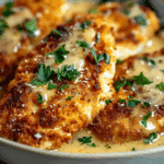 Crispy Parmesan Chicken with a Rich Garlic Sauce