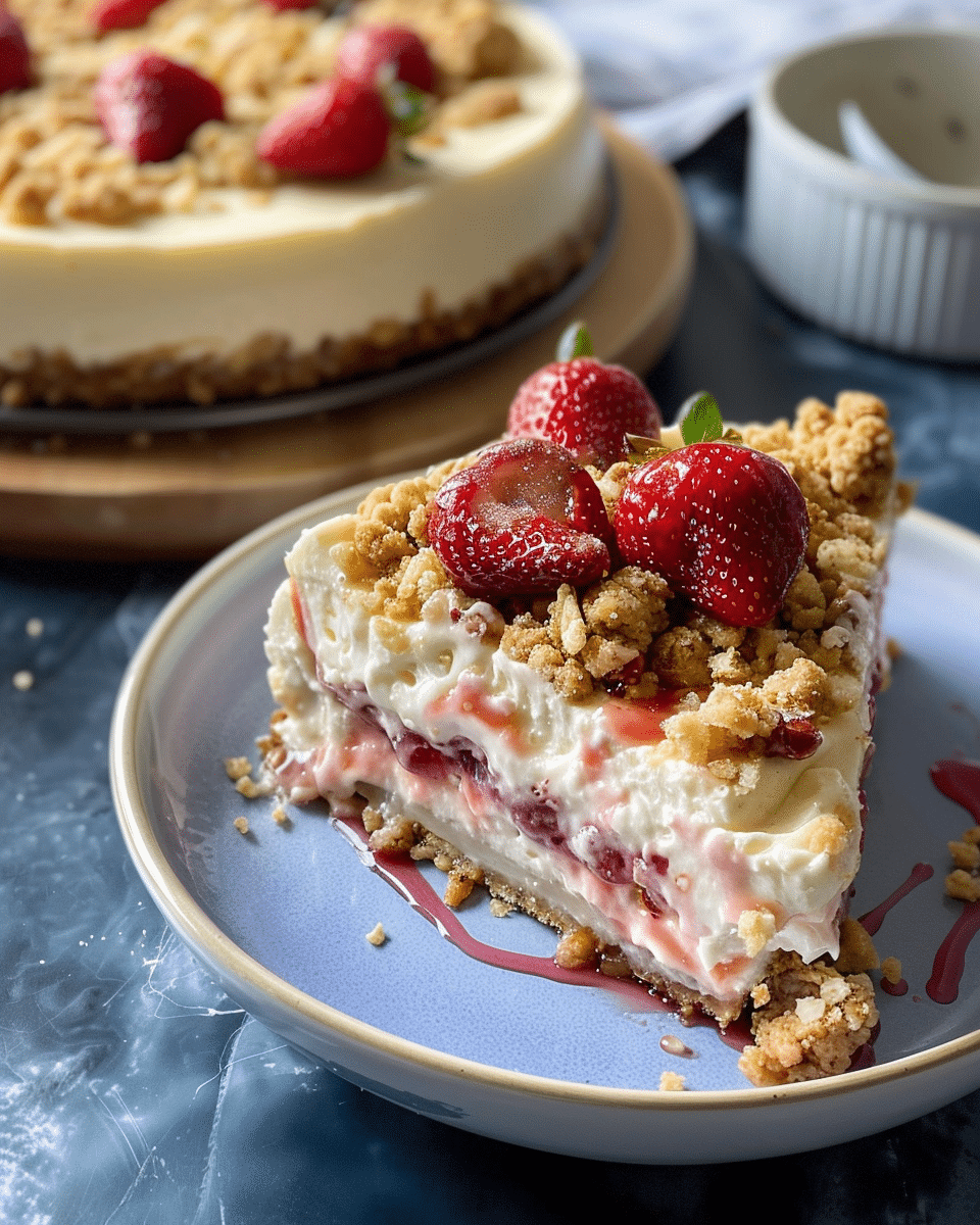 Strawberry Swirl Cheesecake with Crumble Topping