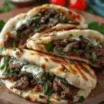 Cheesy Beef and Mushroom Pita Pockets with Tzatziki Sauce