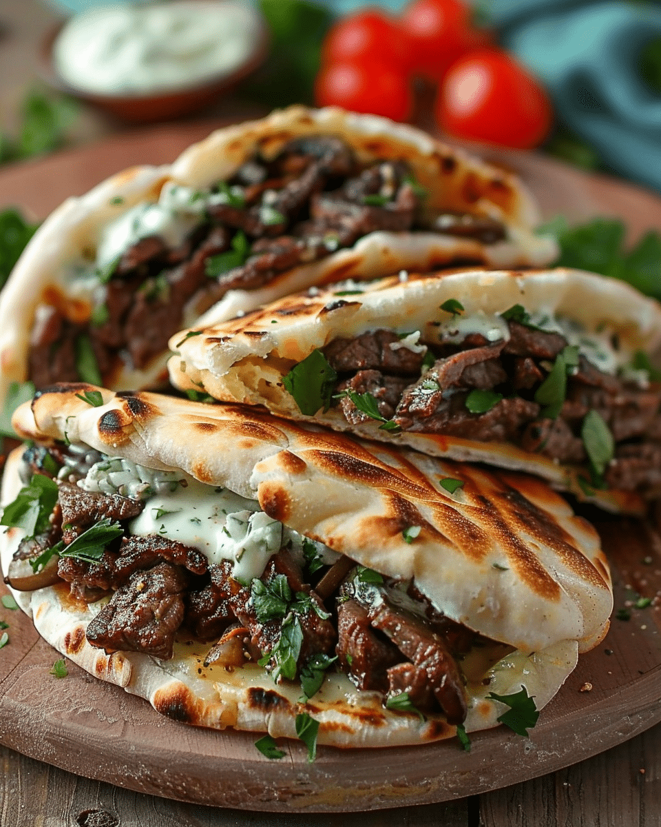 Cheesy Beef and Mushroom Pita Pockets with Tzatziki Sauce