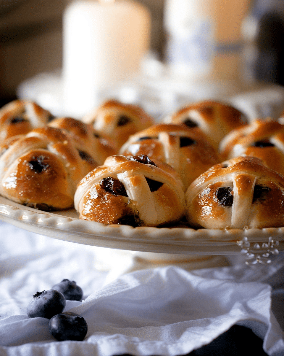 Lemon Hot Cross Buns with Dried Blueberries