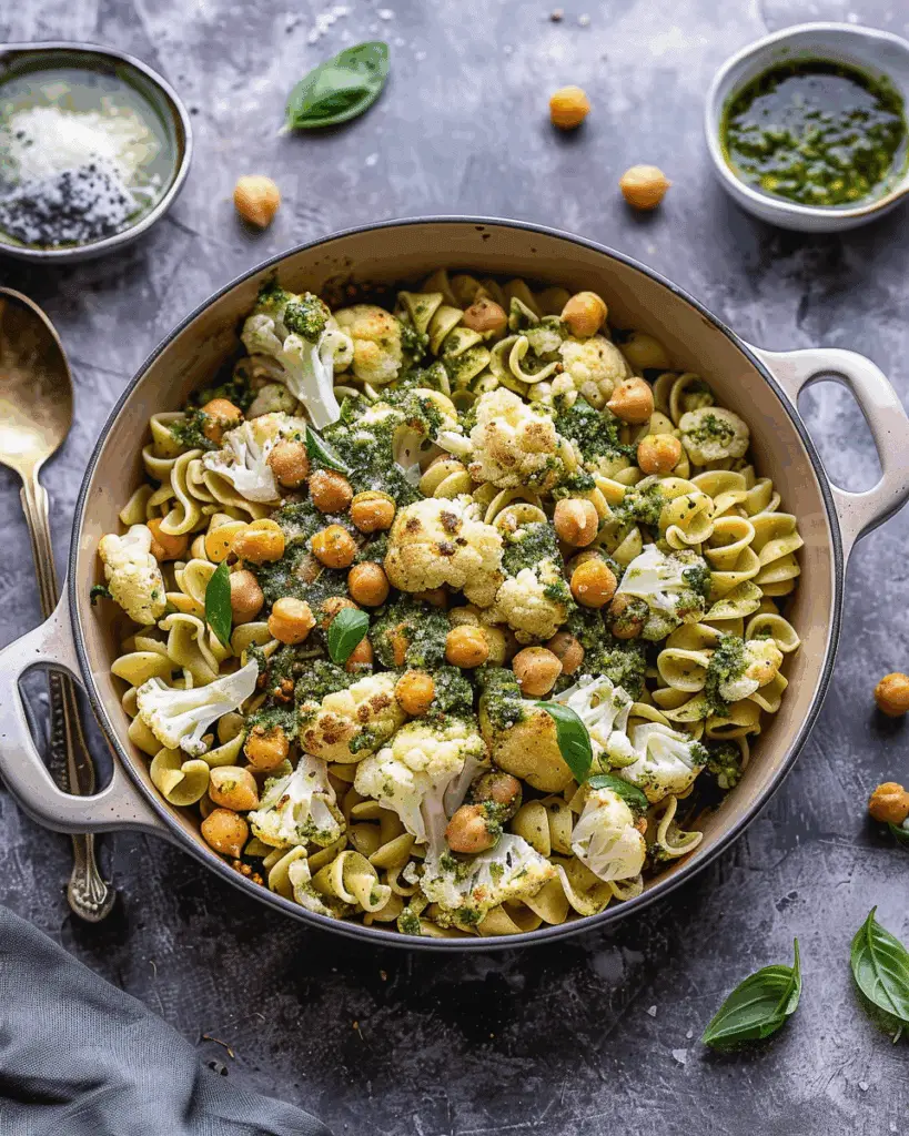 Roasted Cauliflower and Chickpea Pesto Pasta