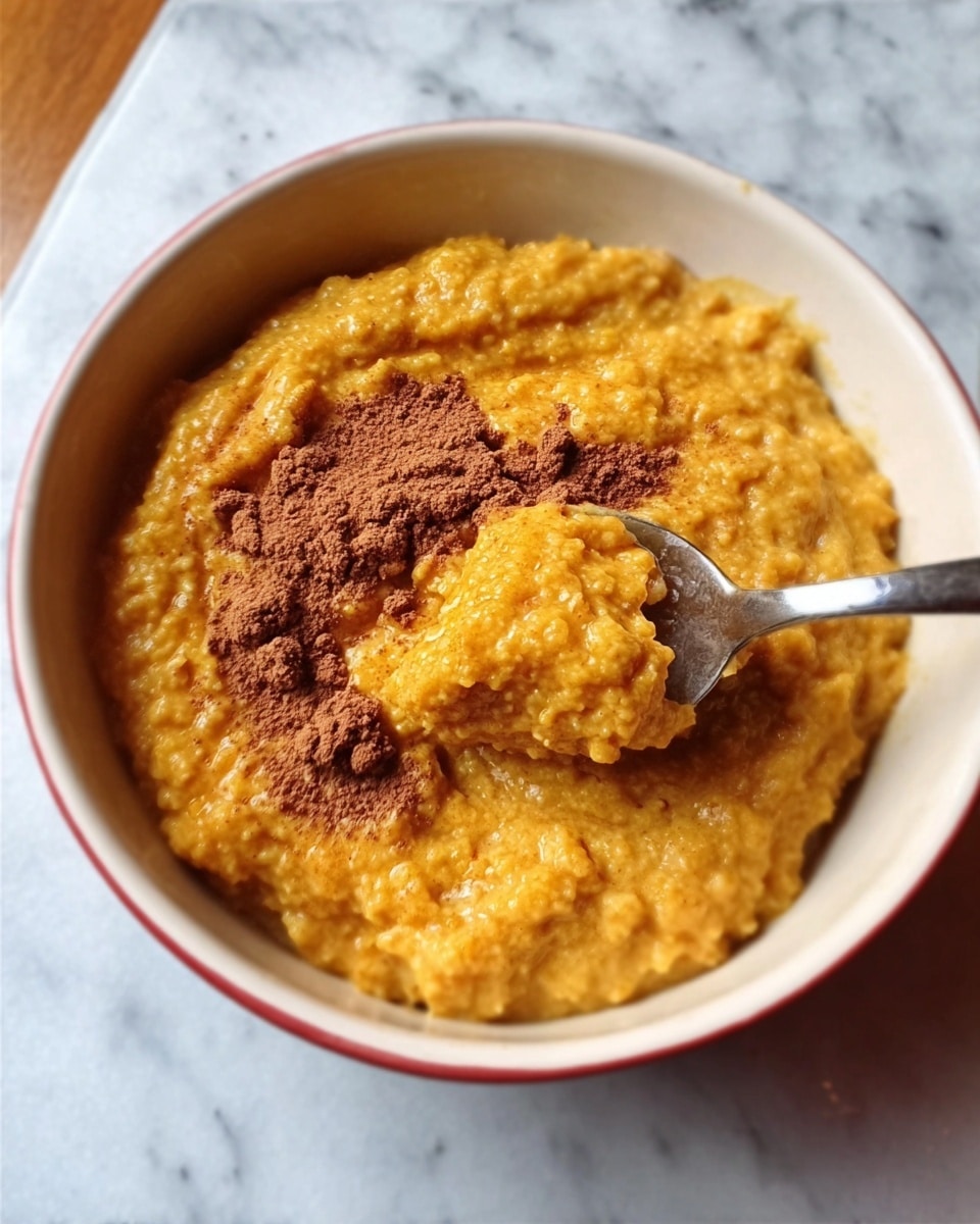 A white bowl filled with a thick, orange-yellow porridge-like dish with a slightly rough texture. On top, there are two uneven clumps of darker brown powder spread in small heaps. A spoon lifts a scoop of the porridge, showing its soft, chunky consistency. The bowl sits on a white marbled surface. Photo taken with an iphone --ar 4:5 --v 7