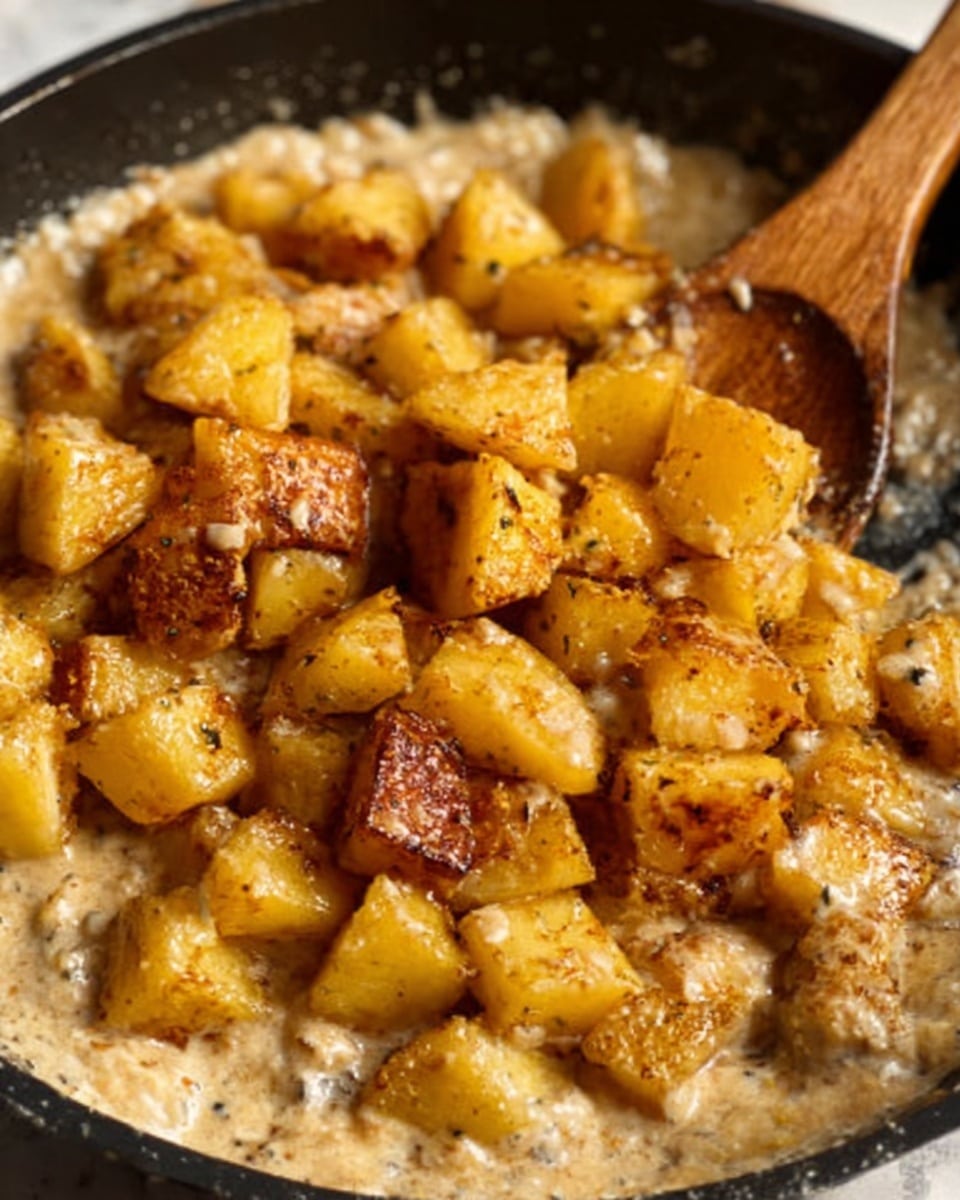 The image shows a close-up of a wooden spoon stirring golden-brown, crispy potato cubes mixed with a creamy, light beige sauce that has small bits of herbs or spices. The potatoes look crunchy on the edges with a slightly soft inside. The dish is in a black pan, and the background is a white marbled texture. The photo has warm lighting that highlights the texture of both the potatoes and the sauce. Photo taken with an iphone --ar 4:5 --v 7