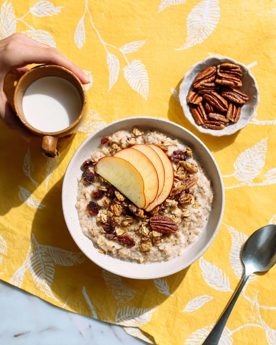 The image shows a white bowl filled with oatmeal mixed with granola and small raisins. On top of the oatmeal, there are thin slices of fresh apple arranged in a fan shape. To the top right of the bowl, there is a small white bowl with many pecans. A woman's hand is holding a wooden cup with milk or cream above the oatmeal bowl. The bowl and other items rest on a yellow tablecloth with a white leaf pattern, and the surface underneath shows a white marbled texture. A metal spoon lies near the bottom right of the main bowl. Photo taken with an iphone --ar 4:5 --v 7