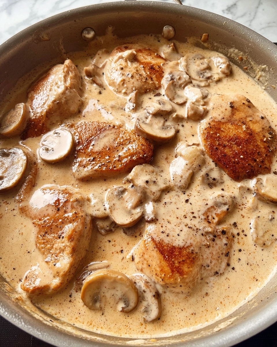 A close-up image of a metal pan filled with a creamy light beige sauce with visible black pepper seasoning. In the sauce, there are several browned chicken pieces partly covered by the sauce, and scattered around them are sliced mushrooms with a soft texture and a light to medium brown color. The creamy sauce has a smooth and thick texture that coats the chicken and mushrooms evenly. The pan is on a stove, and the background is a white marbled texture. photo taken with an iphone --ar 4:5 --v 7