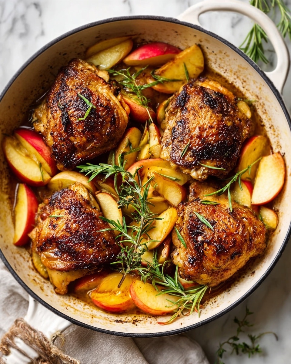 A black pan filled with golden-yellow potato wedges cooked with thin slices of red onion and small pieces of red apple, all mixed in a clear, light sauce. There are sprigs of green rosemary scattered on top, adding a fresh look. The pan is placed on a white marbled surface with a white wire cooling rack underneath. Around the pan, there are small orange pumpkins and a red apple, adding warm autumn colors to the scene. A woman's hand is holding a large spoon with some of the food on it, ready to serve. Photo taken with an iphone --ar 4:5 --v 7