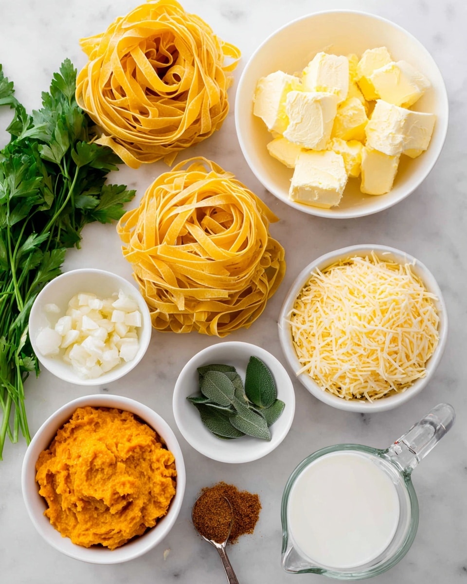 The image shows several nests of uncooked yellow pasta arranged on a white marbled surface, with green parsley leaves to the left. Below the pasta, there are small white bowls containing different ingredients: one holds chopped garlic, another has green sage leaves, a third is filled with shredded cheese, and a fourth contains orange pumpkin puree. A larger white bowl contains several scoops of pale yellow butter. There is also a clear measuring cup filled with white milk near the center. A small silver spoon with brown spice rests next to the bowl of pumpkin puree. The colors are bright and fresh, with a clean, organized look. photo taken with an iphone --ar 4:5 --v 7