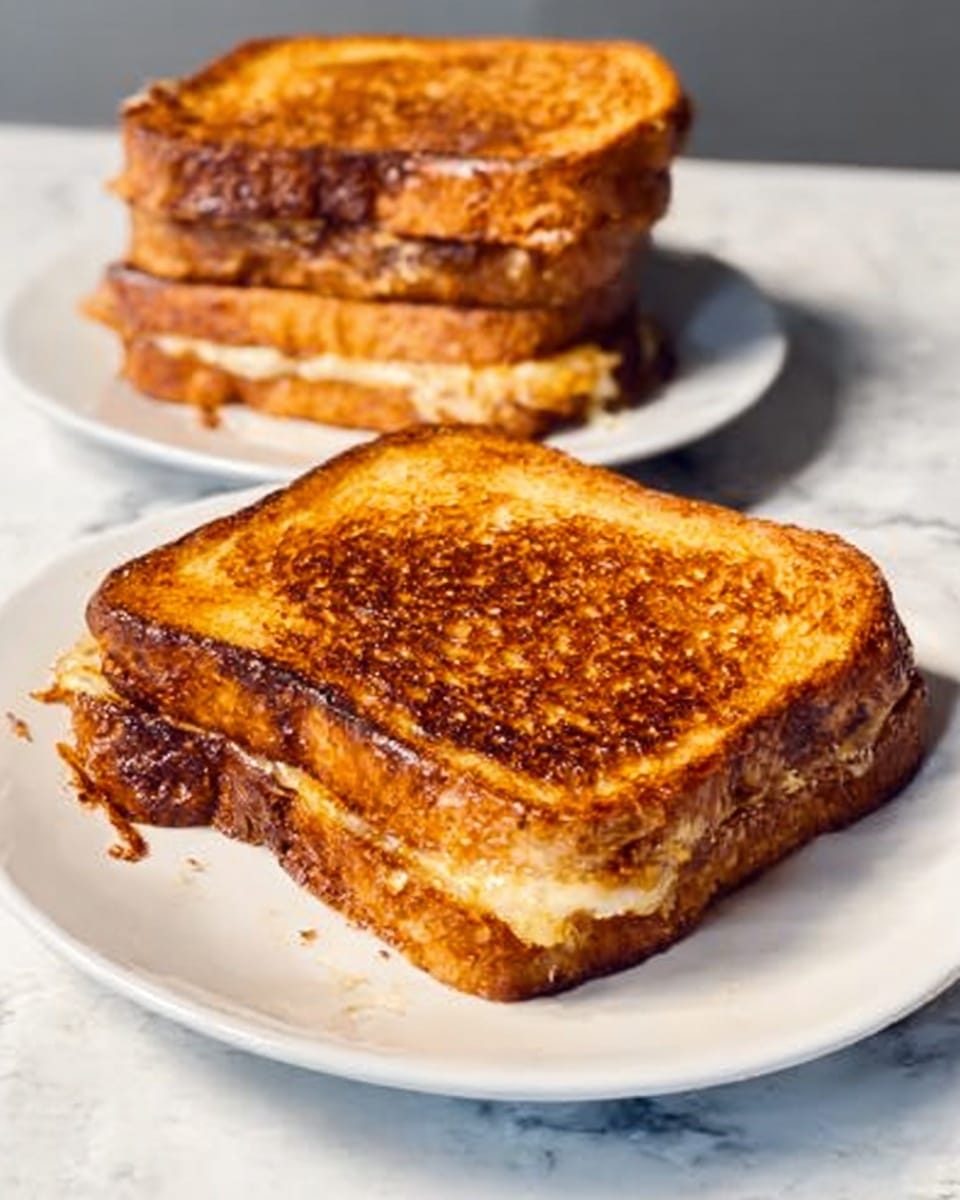 The image shows two toasted sandwiches on white plates placed on a white marbled surface. Each sandwich has two slices of golden-brown bread with a crisp and slightly charred texture. The sandwiches are stacked with visible layers of melted cheese peeking through the edges, which appear creamy and slightly stretchy. One sandwich is placed closer to the camera with a clear view of its toasted surface, while the other is in the background, slightly stacked on top of itself. The lighting highlights the crunchy texture and warm tones of the toasted bread. Photo taken with an iphone --ar 4:5 --v 7