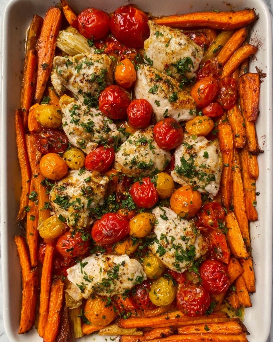 The image shows a white tray filled with cooked chicken pieces and roasted vegetables. There are several pieces of light brown chicken scattered evenly, each topped with green herbs. Around the chicken, there are bright orange roasted carrot sticks and cherry tomatoes in red and golden yellow colors. The tomatoes are softened and slightly wrinkled. The tray sits on a white marbled surface. photo taken with an iphone --ar 4:5 --v 7