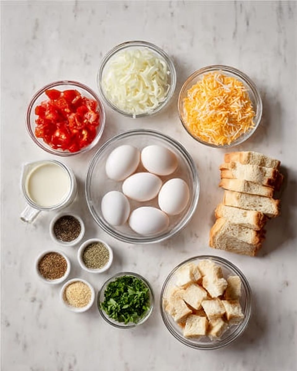 The image shows a white marbled surface with several clear glass bowls arranged neatly. There are six eggs in the center on the surface. On the top left, a small glass bowl holds red chopped tomatoes, next to a glass bowl with white shredded onions. On the top right, a glass bowl filled with light orange shredded cheese and a glass cup of milk are placed. Below the tomatoes and onions, there’s a bowl with green chopped herbs. On the bottom left corner, there are four small white bowls containing different spices: one with black pepper, one with salt, one with garlic powder, and one with a yellow spice. A stack of white bread slices is next to these spices. Finally, on the lower right, a clear bowl holds cubed white bread pieces. Photo taken with an iphone --ar 4:5 --v 7