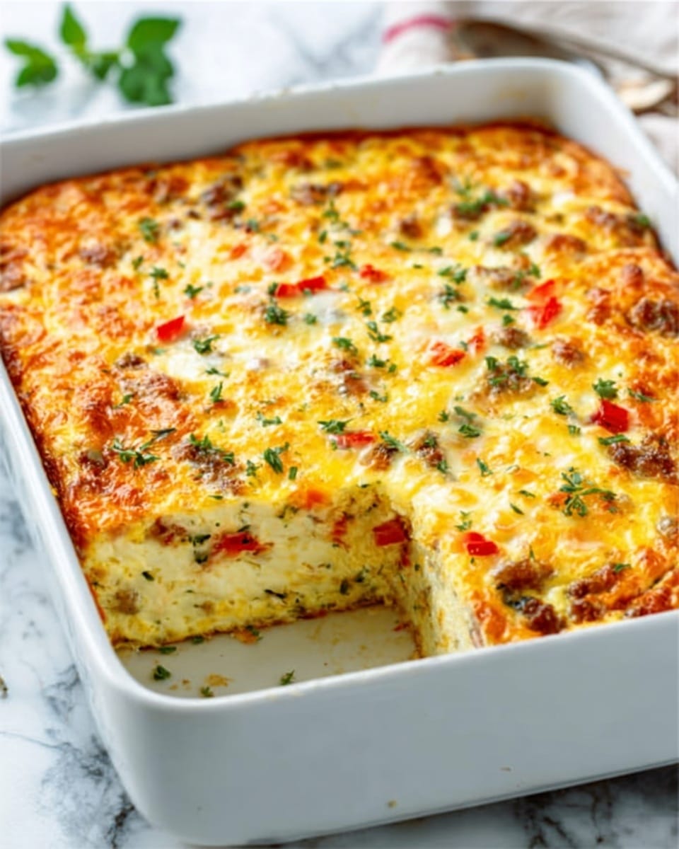 The image shows a white rectangular baking dish with a baked casserole inside. The casserole has a golden brown top layer with melted cheese, scattered small green herbs, and bits of red and yellow peppers visible through the creamy surface. The texture on top looks bubbly and slightly crispy while the inside looks soft and filled with mixed ingredients. The dish is placed on a white marbled surface with a blurry glimpse of a small green leaf in the background. Photo taken with an iphone --ar 4:5 --v 7