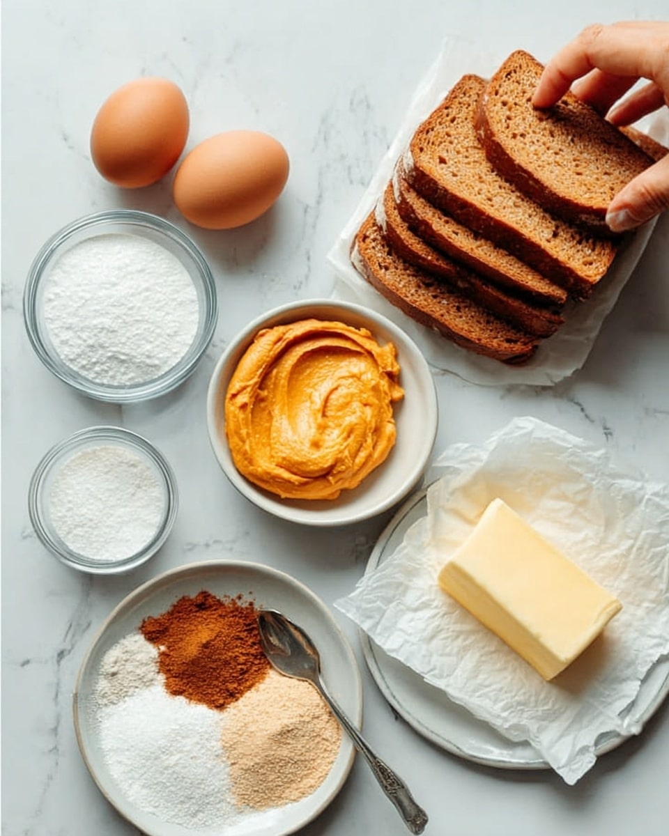 The image shows a white marbled surface with several food items arranged neatly. There are three brown eggs placed near the top left. Below the eggs, on the left side, a clear glass bowl holds white sugar. Next to it, in the center, a small white bowl is filled with a smooth orange spread. Below that, a white plate contains a mix of brown and white powders on the left. On the right side of the image, several slices of brown bread are stacked neatly on a white plate. Toward the bottom right, a chunk of pale yellow butter lies partially unwrapped on white paper with a silver spoon resting beside it. A woman's hand is reaching from the top right, gently holding the stack of bread. The entire scene has a bright and clean look photo taken with an iphone --ar 4:5 --v 7