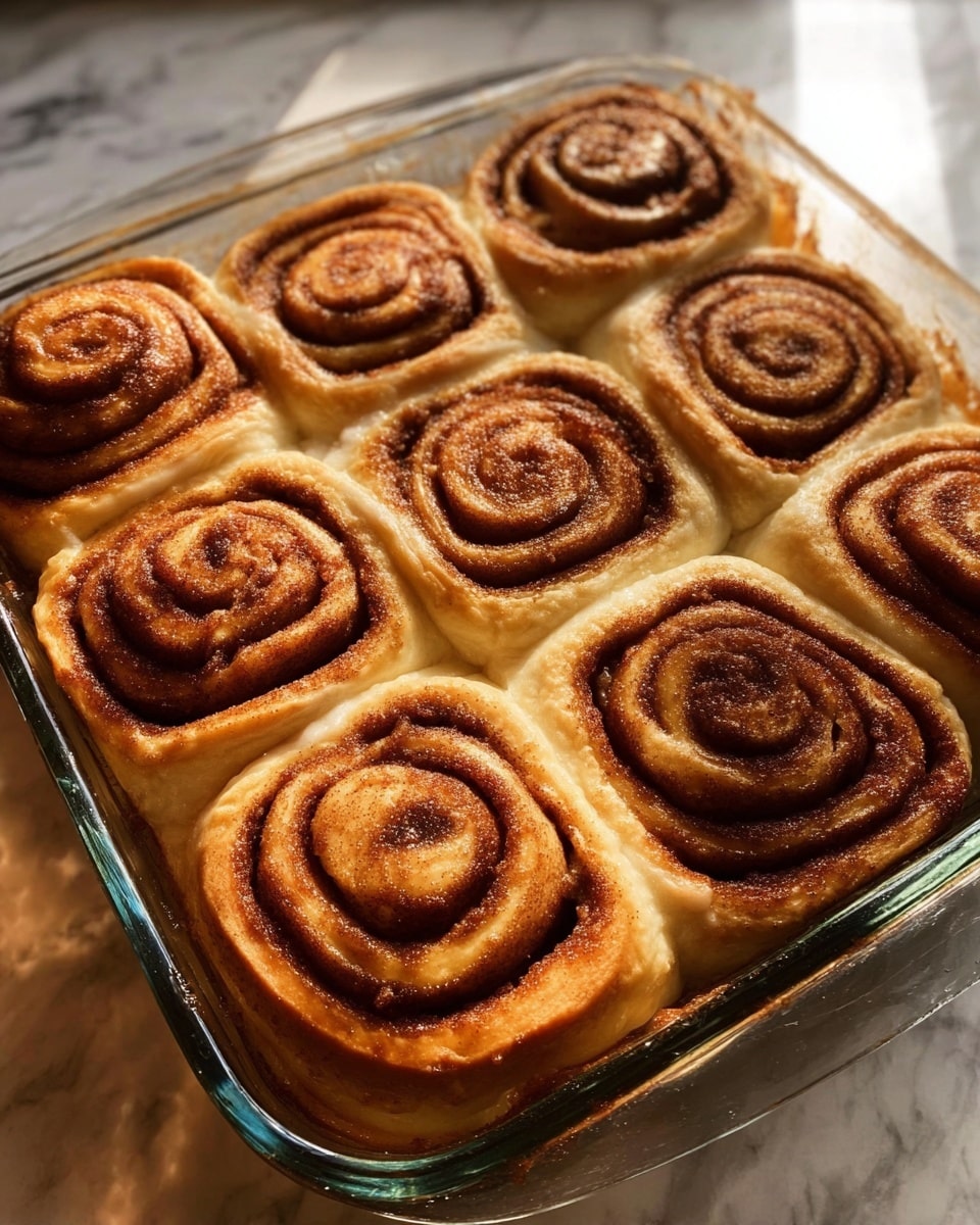 The image shows a round metal pan filled with ten cinnamon rolls covered in thick white icing. The rolls are golden brown with visible swirls of cinnamon inside, and the icing is spread unevenly, dripping slightly over each roll. A wooden spoon is lifting one roll from the pan, showing the soft and fluffy texture inside. The pan is placed on a white marbled surface with a light gray cloth underneath. Photo taken with an iphone --ar 4:5 --v 7