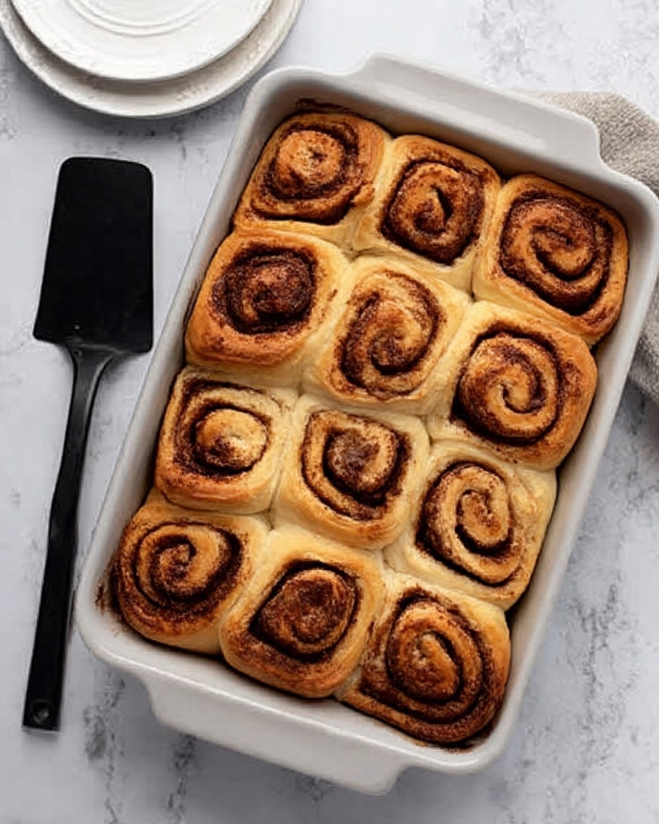 A white rectangular baking tray filled with nine cinnamon rolls arranged in three rows of three. Each roll shows visible swirls of dark brown cinnamon filling layered inside a soft, golden-brown dough that looks fluffy and slightly shiny on top. The tray is placed on a white marbled surface, and nearby is a black spatula resting on the surface. In the top left corner, part of a white round plate is visible, and a woman's hand is holding the tray from the left side. photo taken with an iphone --ar 4:5 --v 7