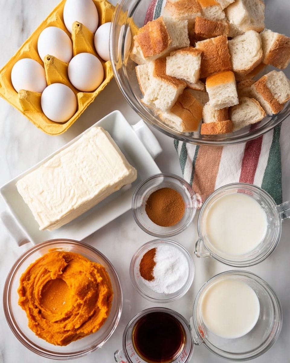 A white marbled surface holds several clear glass and white containers arranged neatly; a large glass mixing bowl at the top center is filled with cubed bread pieces showing shades of light brown and cream. Nearby, a white dish holds a rectangular block of cream cheese. To the left is a yellow carton containing four white eggs and two empty slots. Below the bread bowl, there are three smaller clear bowls—one filled with bright orange pumpkin puree, another with white granulated sugar, and a tiny bowl with brown cinnamon powder. Next to the cinnamon bowl, there is a small bowl of dark brown vanilla extract. In the bottom part of the image, two clear measuring cups hold white and off-white milk and cream liquids. A striped cloth with muted red, green, and blue stripes lies under some containers. Photo taken with an iphone --ar 4:5 --v 7