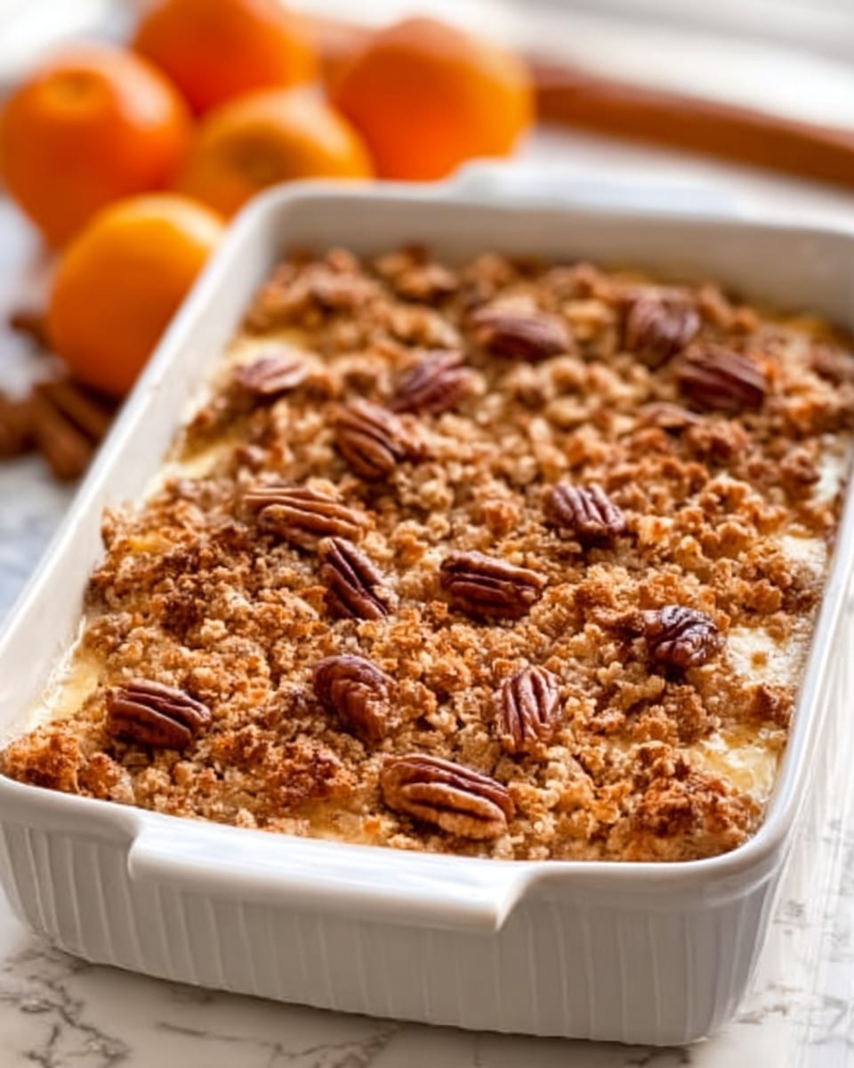The image shows a white rectangular baking dish filled with a baked dessert that has several layers. The bottom layer is soft and creamy, visible under a crunchy, golden-brown topping made of small crumb-like pieces. Scattered evenly on top are whole pecans, adding a textured and rich brown color contrast. The dish sits on a white marbled surface, with soft natural light highlighting the warm colors and textures of the dessert. In the background, there are blurred orange fruits and baking items. Photo taken with an iphone --ar 4:5 --v 7
