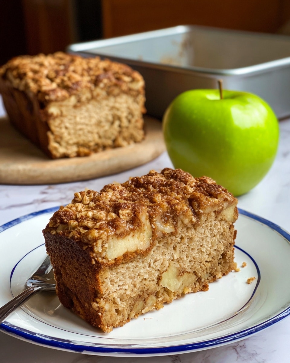 The image shows a thick slice of apple cinnamon oatmeal bread on a white plate with a blue rim. The bread has two layers: the bottom layer is dense and light brown, and the top layer is a darker, crumbly, oat-filled crust with a rough texture. Behind the slice is a thicker piece of the same bread, showing the two layers and soft crumb inside. To the right of the bread, there is a bright green apple resting on a white marbled surface, and behind the apple is a metal loaf pan. A silver fork lies on the plate near the bread slice. The photo taken with an iphone --ar 4:5 --v 7