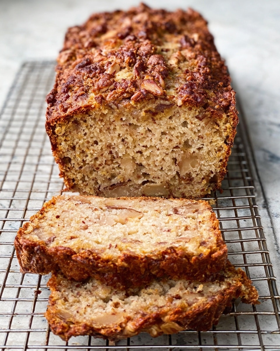 The image shows a loaf of bread with a rough, crunchy top crust and a soft, dense inside. The bread has a light brown color with bits of nuts or fruit mixed inside, giving it a speckled look. The loaf is placed on a metal cooling rack that sits on a white marbled surface. Two slices have been cut from the front, showing the texture inside, while the loaf behind remains whole. The overall style is simple and natural, highlighting the baked bread’s texture and color. photo taken with an iphone --ar 4:5 --v 7
