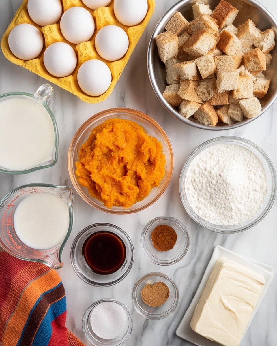 The image shows various ingredients arranged on a white marbled surface for making a dish. There is a large metal bowl filled with small pieces of light brown bread cubes at the top right. Below and to the left, there is a clear glass bowl with bright orange pumpkin puree. Next to the pumpkin puree, closer to the center, is a clear bowl full of white sugar. Surrounding these are smaller clear bowls, including one with dark brown vanilla extract, one with brown cinnamon powder, and two glass measuring cups with white liquids, likely cream and milk. At the top left, there is a yellow egg carton holding four white eggs. On the right side, near the center, a white rectangular plate holds a block of white cream cheese. A colorful striped cloth in orange, red, and blue runs diagonally under some ingredients. The whole setup looks clean and organized. photo taken with an iphone --ar 4:5 --v 7