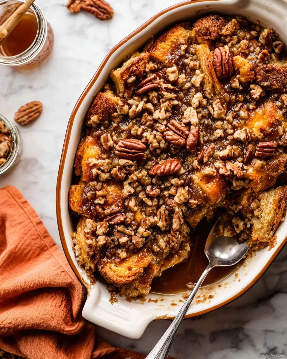 The image shows a close-up of a baked dessert in a white ceramic dish with brown edges. The dish is filled with several thick layers of golden-brown bread pieces soaked in a dark syrup, topped with a crumbly brown streusel mixed with whole and chopped pecans scattered evenly across the surface. The textures range from soft, moist bread soaked in syrup at the bottom to crunchy streusel and nuts on top. A silver spoon is placed inside the dish, ready to scoop up the dessert, and a woman's hand is gently holding the spoon. The setting is on a white marbled surface with a soft orange cloth nearby and a small glass jar partially visible at the side. Photo taken with an iphone --ar 4:5 --v 7