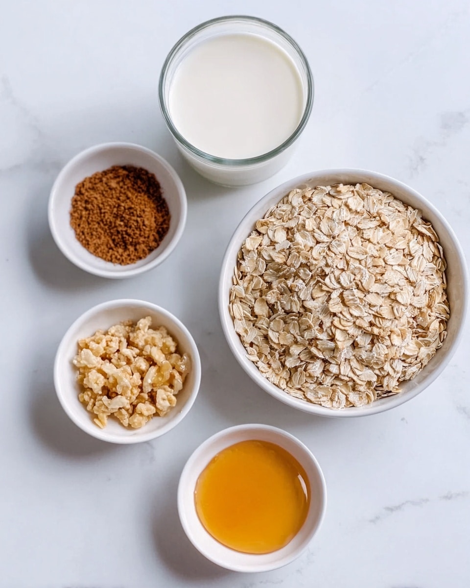 The image shows five small white bowls placed on a white marbled surface. The largest bowl is filled with light beige rolled oats with a dry, rough texture. Above and to the right of it is a glass of white milk with a smooth surface. To the left of the glass, a small white bowl holds a mix of brown sugar and cinnamon powder, showing fine grainy textures. Below it is another small bowl filled with small, soft beige chopped nuts. At the bottom of the frame, there is a small white bowl of clear, golden honey with a shiny, smooth surface. Each bowl is spaced apart, making the ingredients clear and distinct. Photo taken with an iphone --ar 4:5 --v 7