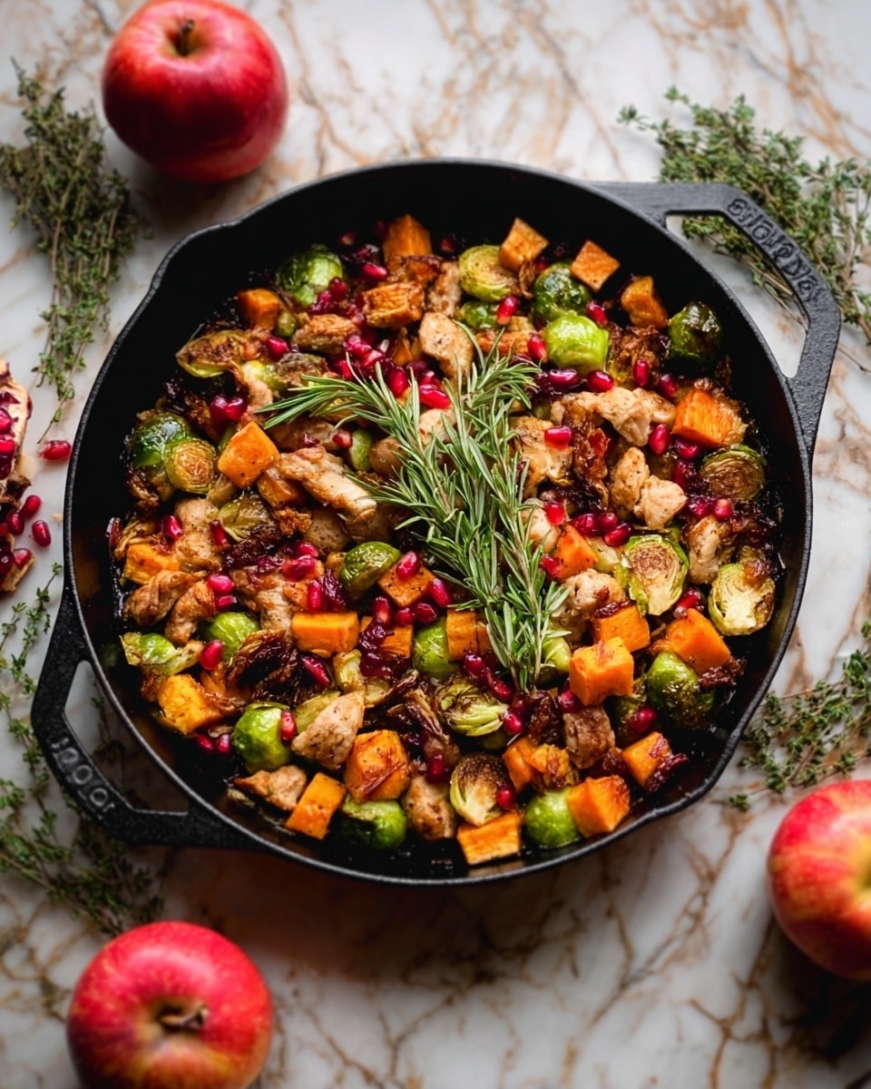 A white cast iron pan filled with a colorful cooked dish sits on a white marbled surface. The dish has several layers: at the bottom, browned chunks of chicken mixed with bright green Brussels sprouts, scattered small orange sweet potato cubes, and pomegranate seeds sprinkled on top adding red highlights. Fresh green herbs, likely rosemary sprigs, are placed across the dish, adding texture and color contrast. Around the pan, there are two red apples and some green thyme sprigs placed on the white marbled background, completing the cozy harvest look. photo taken with an iphone --ar 4:5 --v 7
