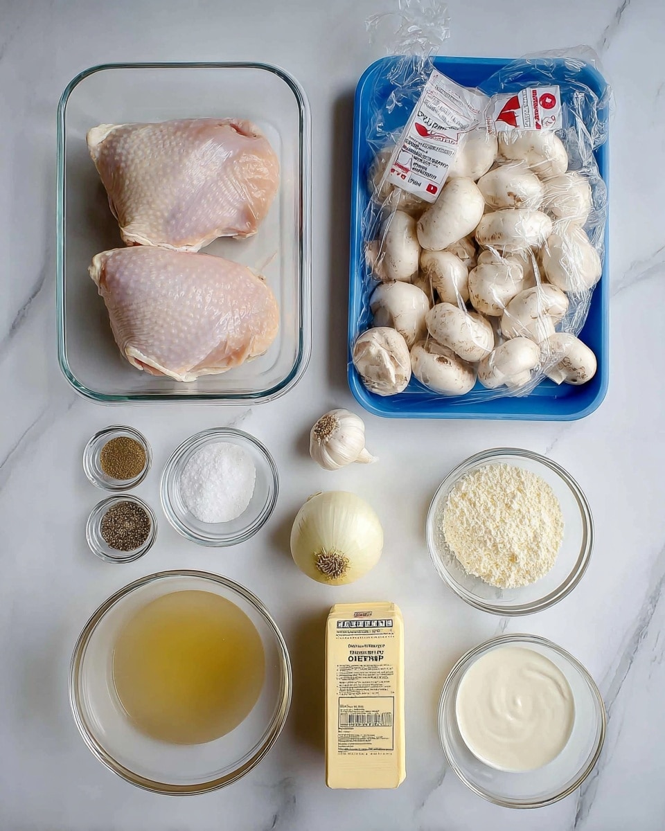 The image shows raw ingredients neatly arranged on a white marbled surface. On the left, there is a clear glass container with two large, pale pink chicken pieces. Below it, a blue plastic tray holds white whole mushrooms, covered in plastic wrap with a red and white label. To the right of the chicken, four small clear glass bowls contain different powders and granules: black pepper, grated cheese, flour, and salt. Below these bowls is a medium clear glass bowl filled with light yellow chicken broth. Next to it, a rectangular stick of butter with a yellow label lies horizontally. At the bottom right, a round clear glass bowl holds white cream. In the lower middle part, there is a small whole white onion and a single garlic bulb. The overall arrangement is clean and organized, with each item clearly visible. Photo taken with an iphone --ar 4:5 --v 7