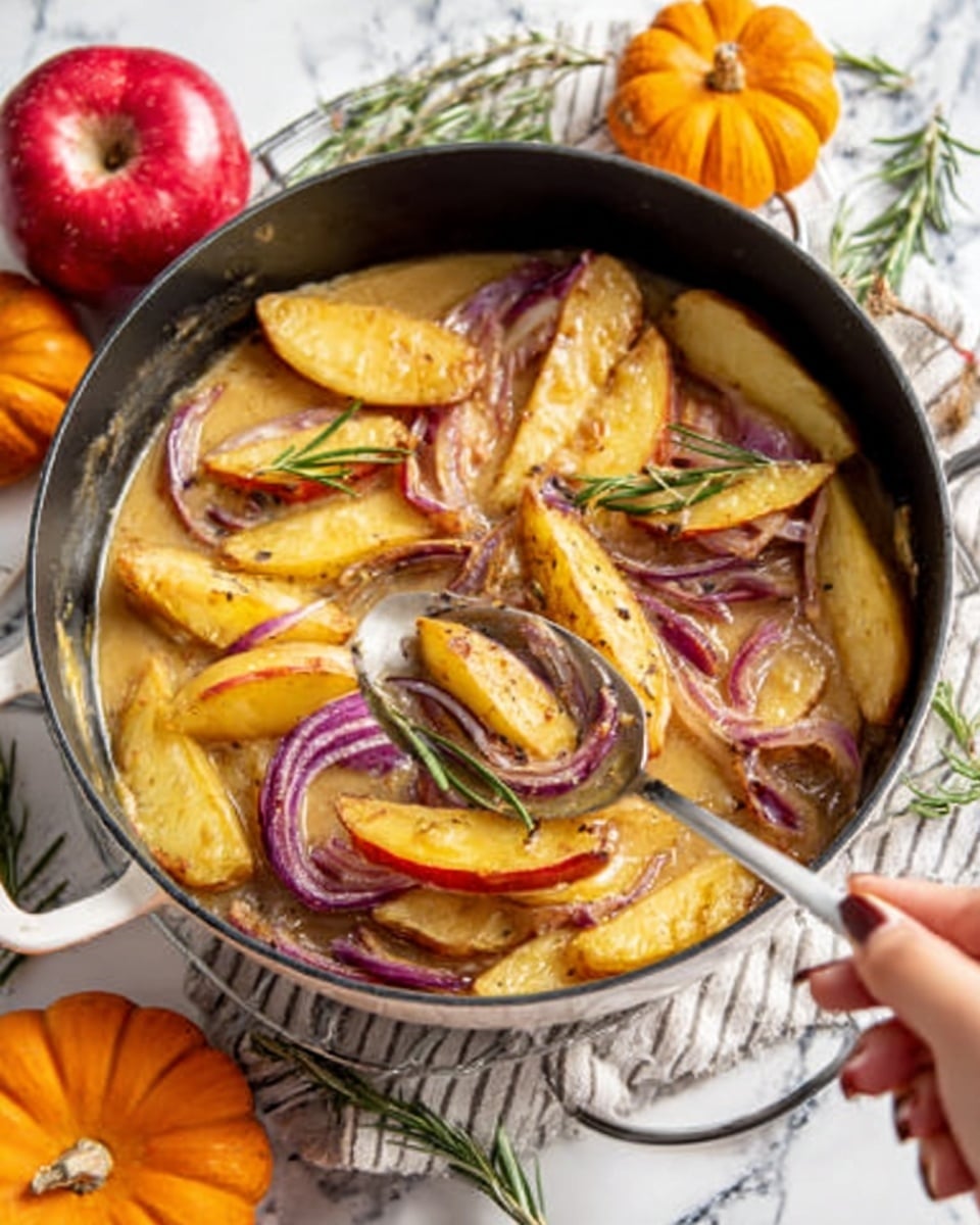 A white marbled surface holds all the ingredients for a recipe. In the center, four raw chicken pieces lie on a round black plate, showing their pale pink color and smooth texture. To the left of the plate, there are two red apples with shiny skin, a small bowl of salt, a small bowl of pepper, a jar of clear yellow oil, and a bowl of mustard dressing in a golden color. To the right of the plate, there are four whole light brown onions, a small bowl of minced garlic, a small bowl of brown mustard seeds, a glass of pale yellowish-orange juice, and a sprig of fresh green thyme. The overall look is clean and organized. Photo taken with an iphone --ar 4:5 --v 7