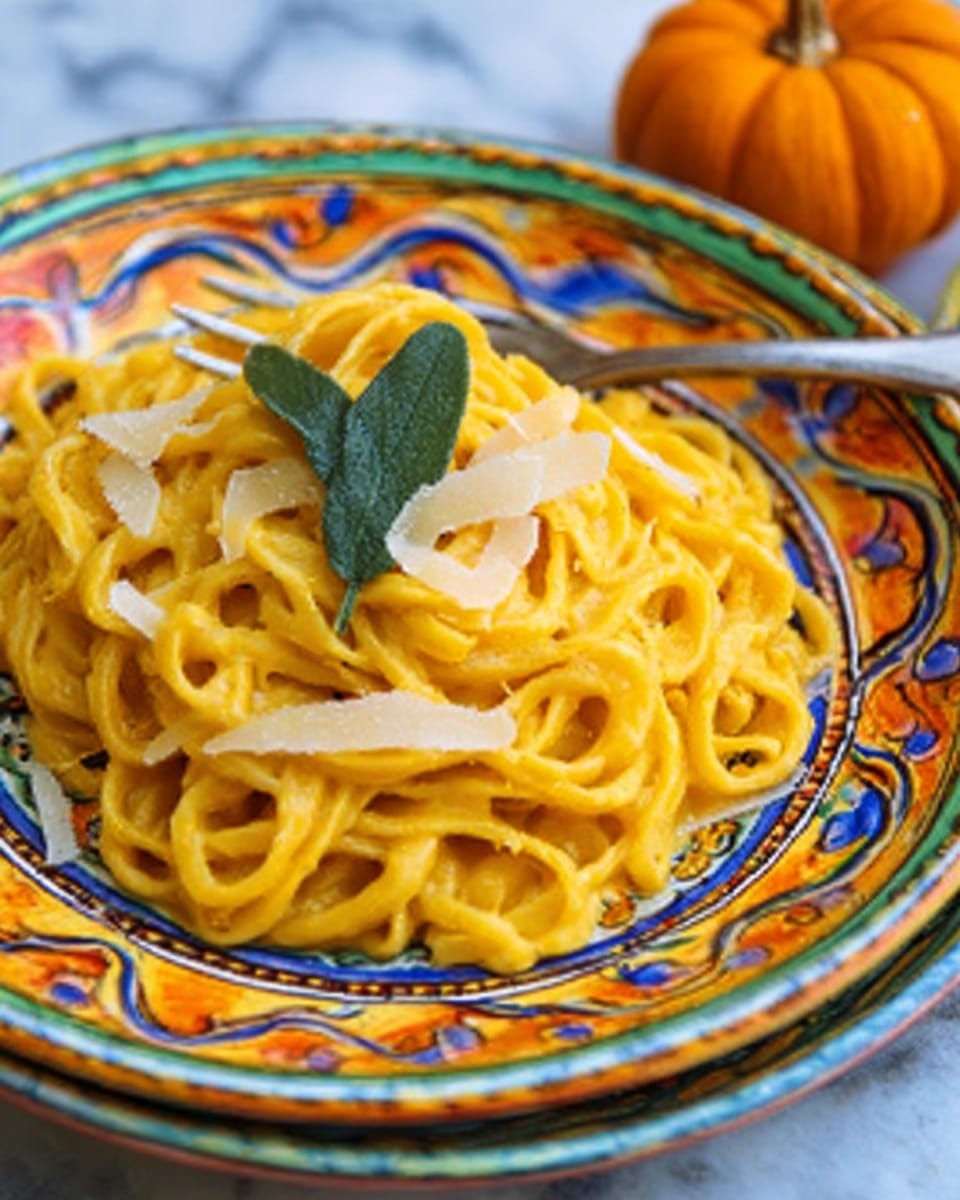 A colorful white ceramic plate with a bright, blue, yellow, and orange pattern holds a serving of creamy orange pasta noodles arranged in a loose mound. On top, there is a single green bay leaf and some thin, light-colored shavings scattered as garnish. A silver fork rests in the noodles on the left side. The background shows a blurred small orange pumpkin on a white marbled surface. photo taken with an iphone --ar 4:5 --v 7