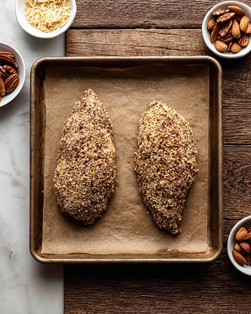 Two uncooked nut-crusted chicken pieces are placed side by side on a baking tray lined with brown parchment paper. The chicken pieces are thickly covered in a coarse, rough-textured layer of crushed nuts that are light to dark brown with specks of white and tan. The tray sits on a white marbled surface. Around the tray, small white bowls hold sliced almonds and whole pecans, adding texture and color contrast. The whole scene has a warm wooden tone but the surface is white marbled texture photo taken with an iphone --ar 4:5 --v 7