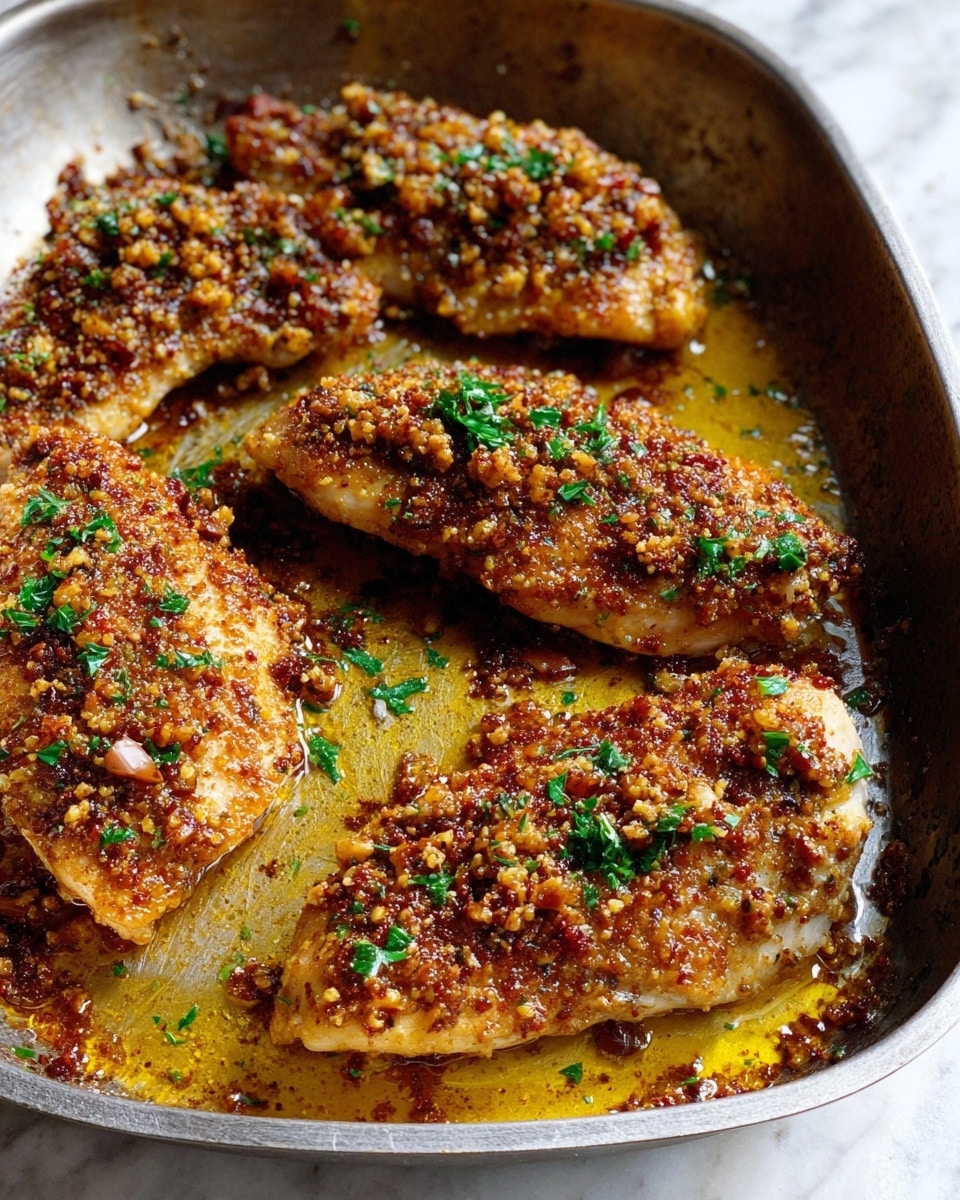 The image shows four pieces of cooked chicken in a metal pan with a golden-brown color. Each chicken piece is covered with a thick layer of minced garlic and spices, giving a crunchy texture on top. Small green bits of fresh parsley are scattered over the chicken and the spicy garlic layer. The pan has some shiny oil pooling around the chicken, adding a glossy look. The white marbled surface underneath the pan is slightly visible at the top left corner. photo taken with an iphone --ar 4:5 --v 7