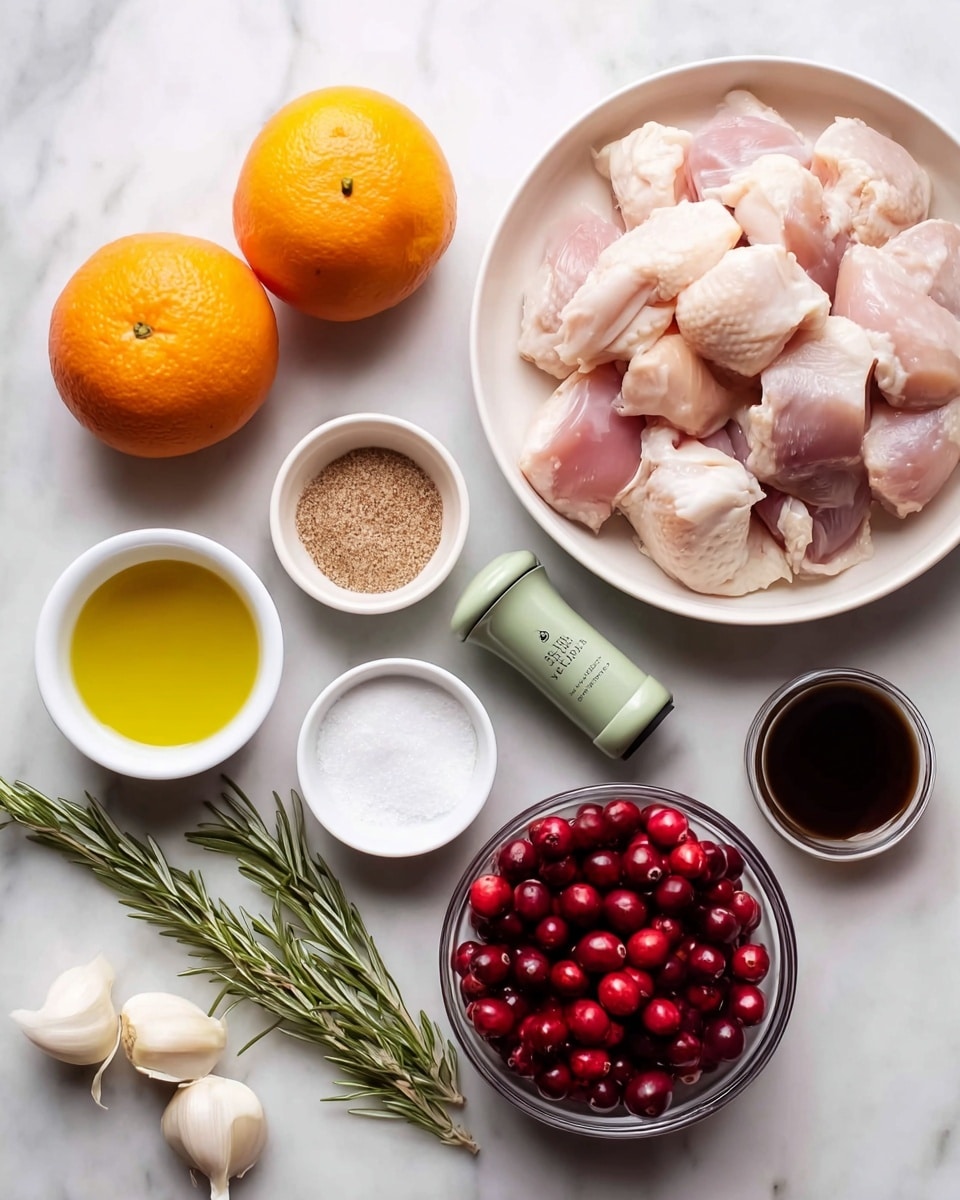 The image shows several cooking ingredients arranged on a white marbled surface. On the right, there is a white plate filled with raw chicken pieces, pale pink with soft textures. To the left side, two bright orange oranges with smooth skin sit next to a small white bowl filled with light yellow oil. In the center bottom, there is a clear bowl filled with fresh red cranberries that have a shiny finish. Next to the cranberries, a small white bowl holds a dark brown liquid, likely soy sauce. Above that, a small white bowl contains light brown sugar next to a bowl of white salt with a rough texture. Two green sprigs of rosemary lay just below a light green pepper grinder with mixed peppercorns visible inside. In the bottom left, two peeled garlic cloves, white and smooth, complete the ingredients. The photo taken with an iphone --ar 4:5 --v 7