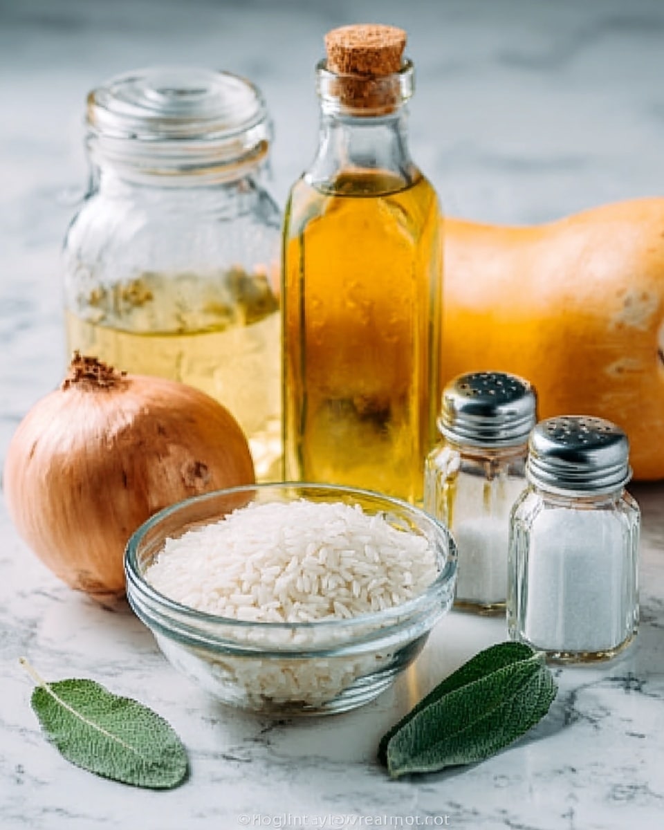 The image shows a small glass bowl filled with white rice placed near the center on a white marbled surface. To the left of the bowl, there is a whole brown onion and a green sage leaf lying flat. Behind the rice bowl, there is a clear glass jar filled with light golden liquid and next to it, a tall bottle with yellow oil. To the right of these items, a light orange butternut squash is resting on the surface. On the far right side, two clear glass salt and pepper shakers are placed side by side. The scene has soft natural light and everything is arranged neatly, photo taken with an iphone --ar 4:5 --v 7