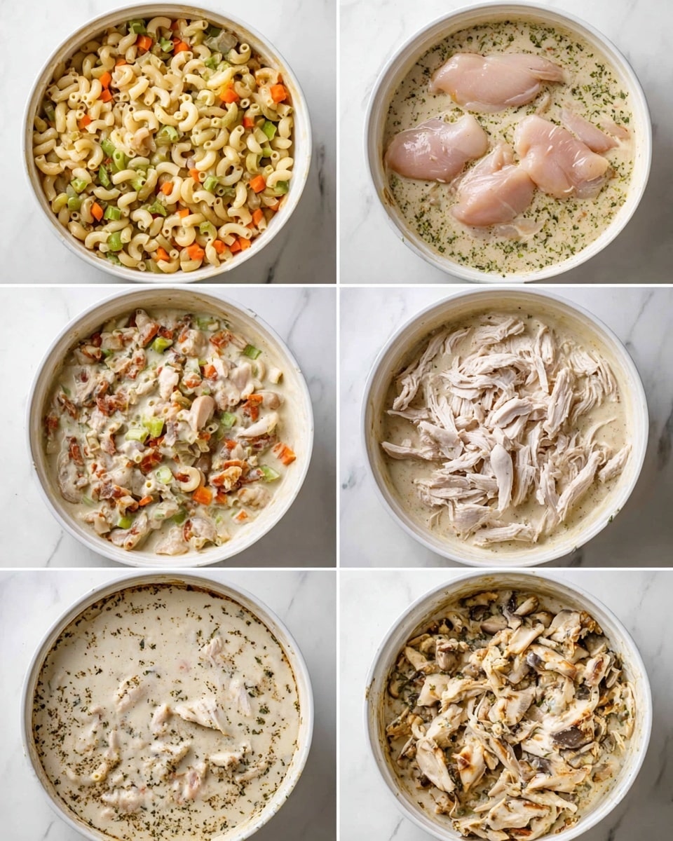 The image shows six stages of making a creamy shrimp pasta dish in a white bowl set on a white marbled surface. The first layer is cooked macaroni pasta mixed with small chopped vegetables and herbs, showing colors of pale yellow pasta, light green, and orange vegetables. In the second stage, the macaroni fills the bowl fully with more visible mix of herbs scattered across the top. In the third stage, two raw pieces of pale pink chicken are placed on top of the pasta. The fourth stage shows the chicken shredded into thin, white strips scattered evenly over the pasta. The fifth stage adds a thick, creamy white sauce poured over the chicken and pasta mix, covering about half the dish. In the final stage, the dish is fully mixed, showing the creamy sauce covering the pasta and chicken with small pieces of vegetables and herbs visible, resulting in a light beige creamy texture over the pasta. Photo taken with an iphone --ar 4:5 --v 7
