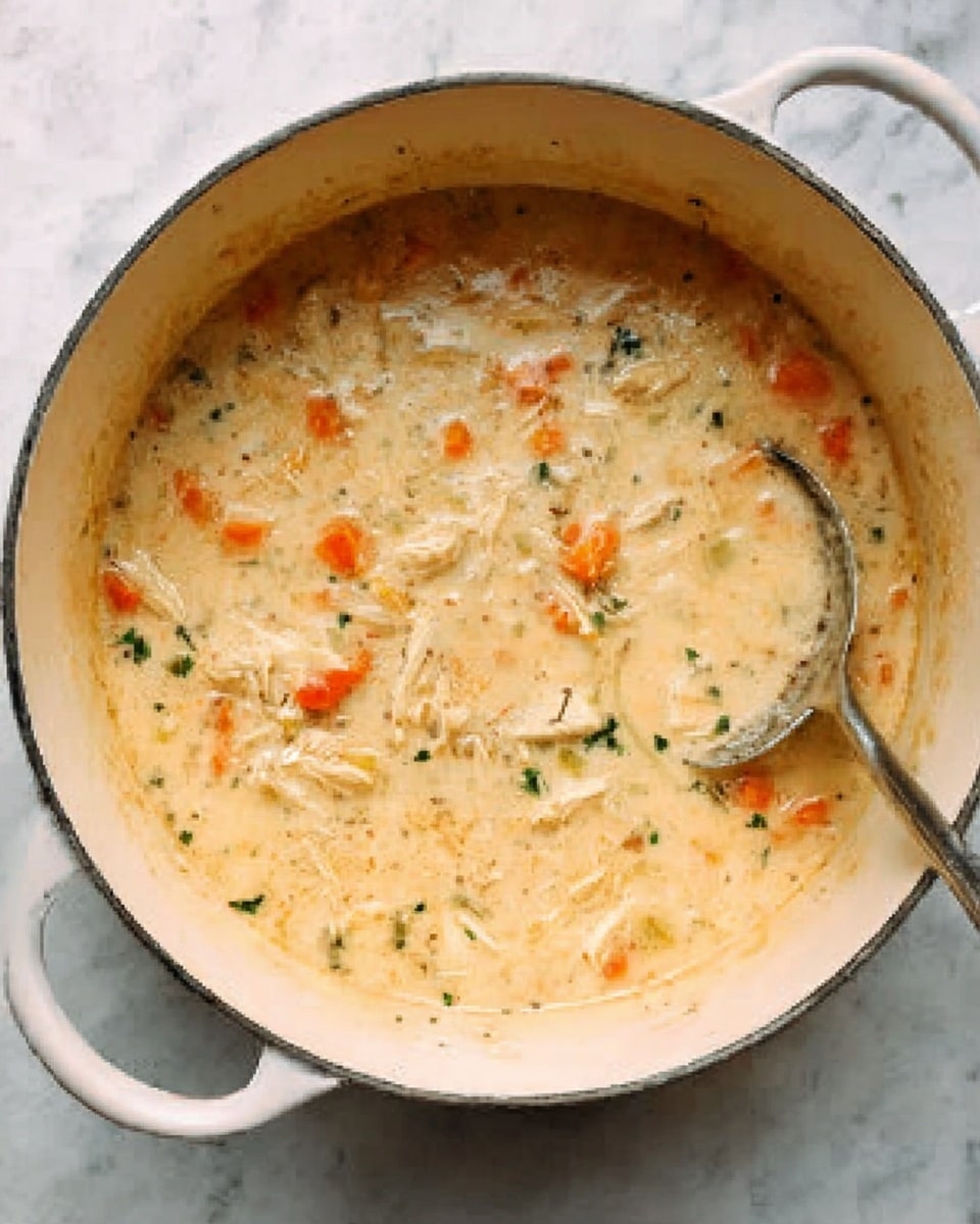 A white pot filled with creamy soup that has visible chunks of light beige chicken, small orange carrot pieces, and green herbs scattered throughout. The soup looks thick and smooth with a few small bubbles and a ladle inside the pot on the right side. The pot is placed on a white marbled surface. photo taken with an iphone --ar 4:5 --v 7