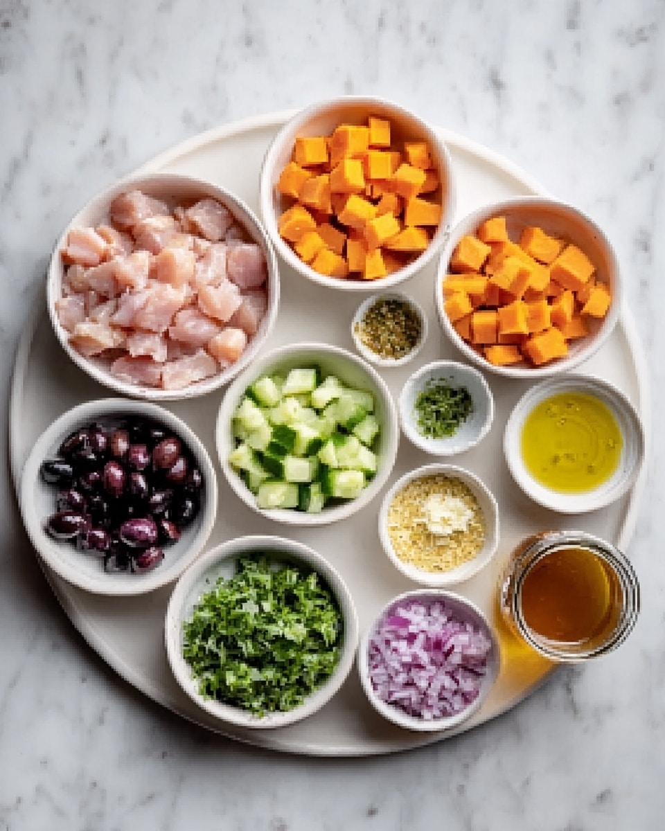 A white round plate holds several small white bowls arranged in a circle on a white marbled surface. Each bowl contains different ingredients: one has cubed raw chicken pieces, another shows cubed orange sweet potatoes, one contains finely chopped red onions, and another is filled with chopped green cucumbers. Smaller bowls hold black olives, minced garlic, chopped green herbs, a pale yellow paste, a liquid olive oil, another pale yellow grainy mix, and a jar with brown broth or sauce. The colors range from pale pink chicken, bright orange of the sweet potatoes, dark black olives, deep green herbs, and light golden oils, all on a clean white marbled background. photo taken with an iphone --ar 4:5 --v 7