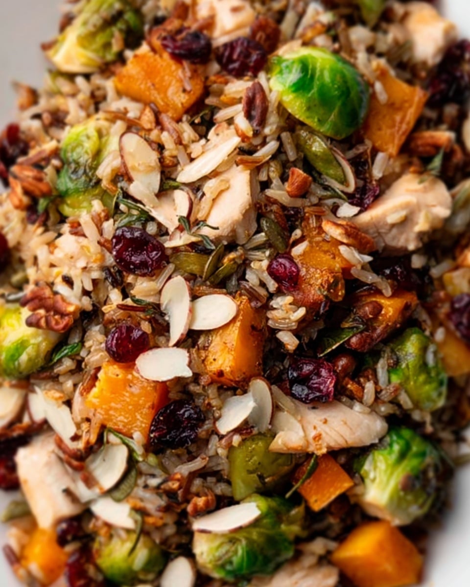 The image shows a close-up of a mixed dish on a white plate, featuring several layers of colorful ingredients. The base layer consists of small brown rice grains mixed with red, orange, and green pieces. On top, there are small chunks of light brown cooked chicken scattered around. The dish also has many green Brussels sprouts, some cut in half, along with small pieces of orange sweet potato. There are thin white almond slices scattered evenly over the top and some dried red cranberries adding contrast. The textures vary from soft cooked meat to crunchy nuts and firm vegetables, all together creating a vibrant and hearty mix. The photo taken with an iphone --ar 4:5 --v 7
