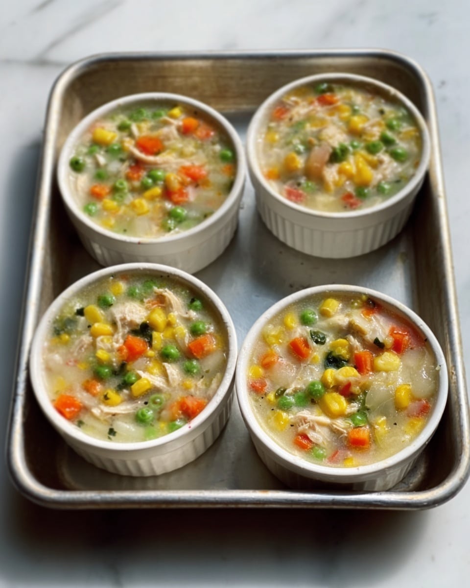 Four white ramekins filled with a mixed vegetable and chicken soup are placed inside a metal tray. Each ramekin shows a thick broth with visible layers of diced orange carrots, yellow corn, green peas, and small pieces of shredded chicken, all suspended in a slightly creamy, pale broth. The tray sits on a white marbled surface, and the lighting highlights the colorful textures and soft steam rising gently from the hot soup. photo taken with an iphone --ar 4:5 --v 7