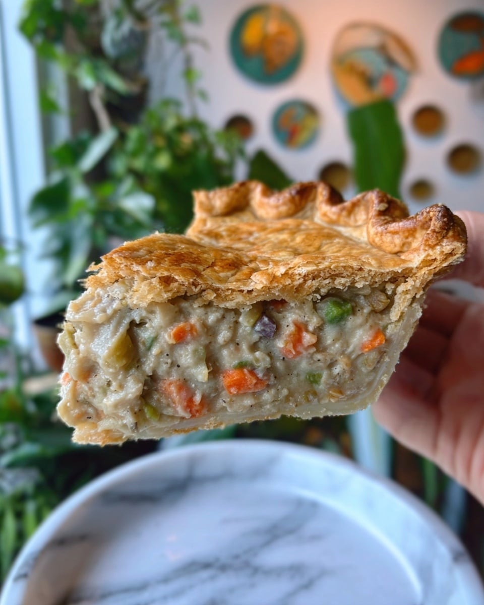 A slice of pie is shown being held by a woman's hand. The pie has a thick, golden brown top crust with a wavy edge and visible flaky texture. Inside the slice, there are two distinct layers: at the bottom, a creamy, light beige filling mixed with small chunks of green, orange, and purple vegetables, and at the top, a thick, solid golden crust with some cracks and flaky details. The background shows green plants and a wall with circular images, all set on a white marbled surface. photo taken with an iphone --ar 4:5 --v 7