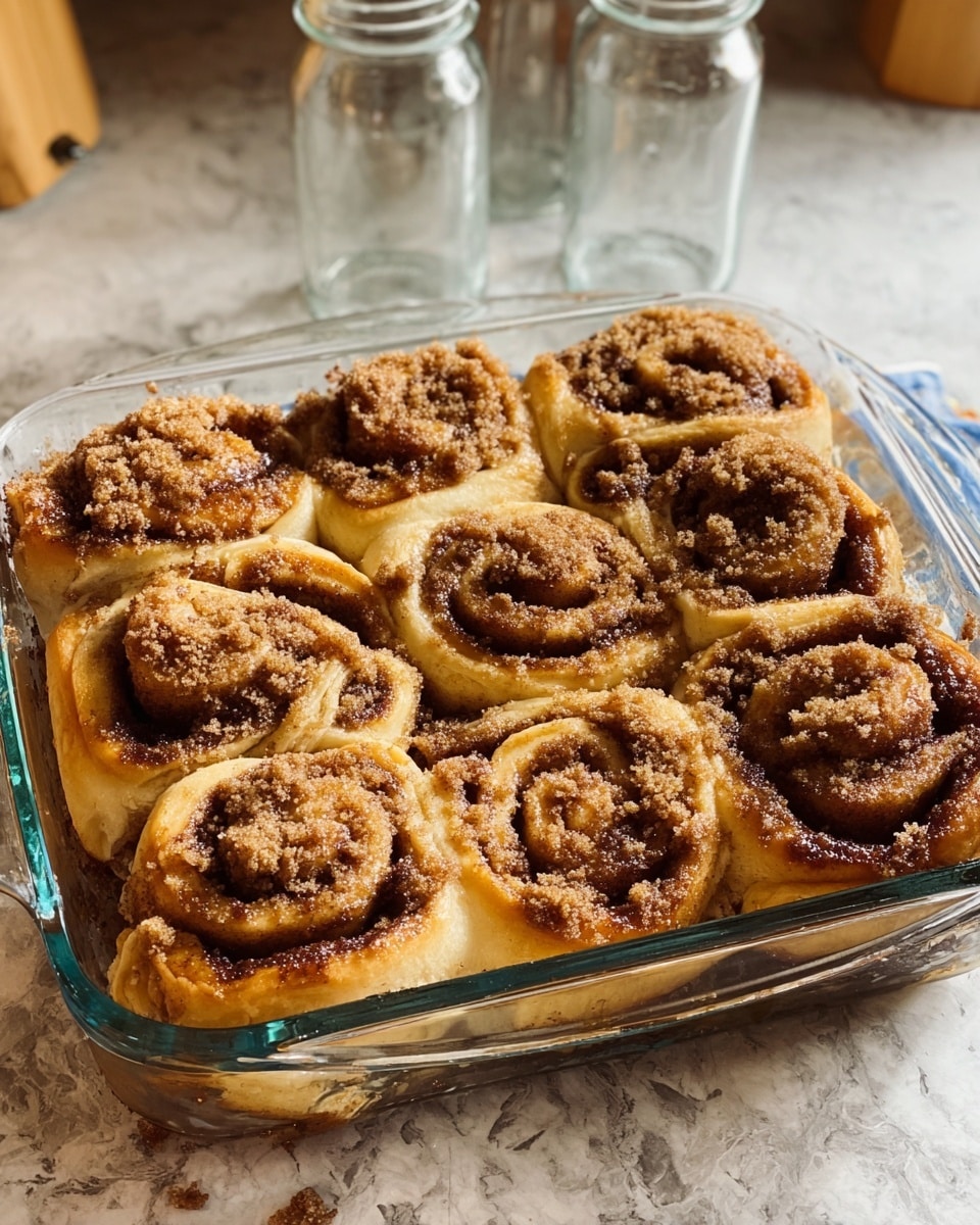 The image shows a tray of nine cinnamon rolls tightly placed side by side in a clear glass baking dish. Each roll has tightly coiled layers with a rich dark brown cinnamon swirl on top, creating spiral patterns that contrast well with the light beige dough beneath. The dough looks fluffy and soft, slightly risen around the edges, with a slight golden tint where it has baked. The tray sits on a white marbled surface, and warm sunlight highlights the glossy, baked texture of the cinnamon rolls. Photo taken with an iphone --ar 4:5 --v 7