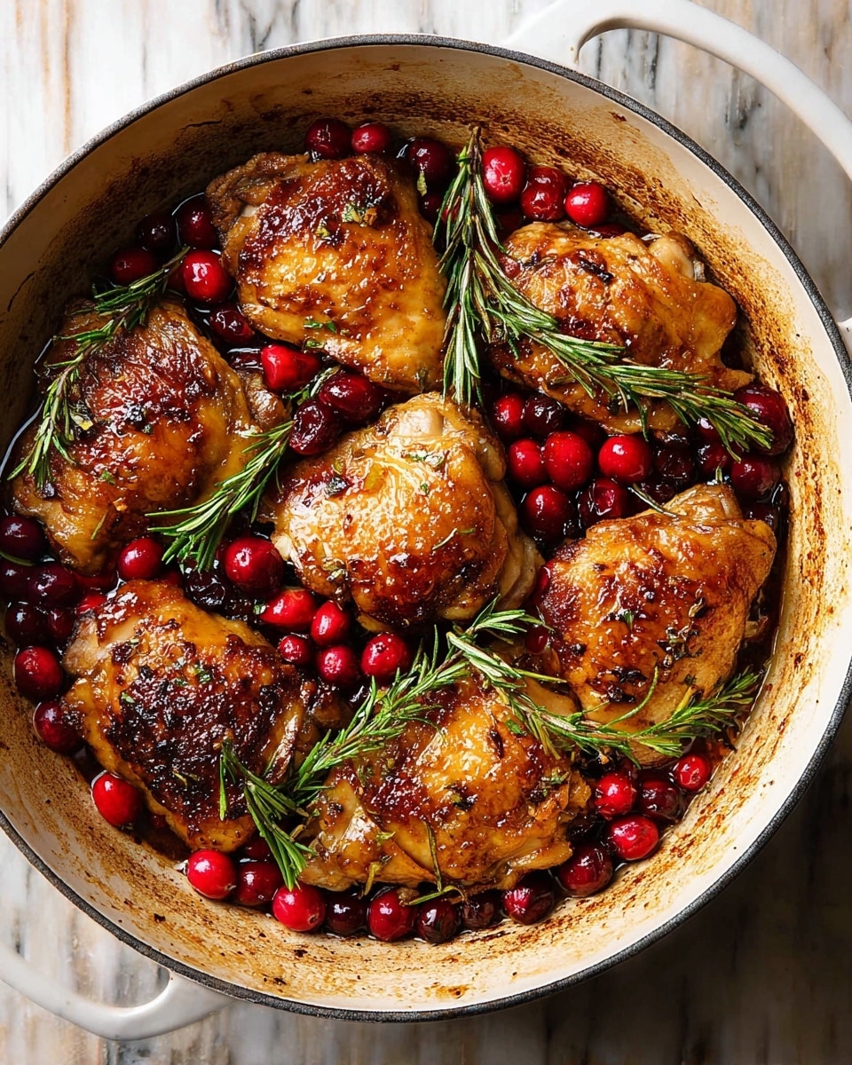 The dish shows three golden-brown cooked chicken thighs, each with a crispy skin texture and pepper seasoning on top, arranged on a white oval plate. Surrounding and partially on the chicken thighs is a thick, deep red sauce with whole cherries and small bits, creating a rich, glossy layer. Tiny fresh green herb sprigs are scattered finely over the chicken pieces and sauce, adding a touch of color contrast. The plate sits on a white marbled surface with a blue cloth folded nearby. photo taken with an iphone --ar 4:5 --v 7