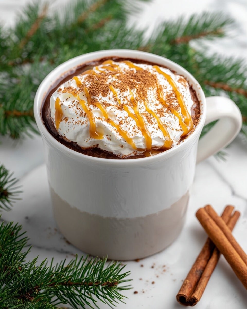 A white mug filled with dark brown hot chocolate at the bottom layer, topped with a thick, fluffy layer of white whipped cream. Drizzles of golden caramel sauce run over the whipped cream, with a generous dusting of warm brown cinnamon powder sprinkled on top. The mug sits on a white marbled surface, surrounded by green pine branches and two cinnamon sticks beside it, creating a cozy, festive feel. Photo taken with an iphone --ar 4:5 --v 7