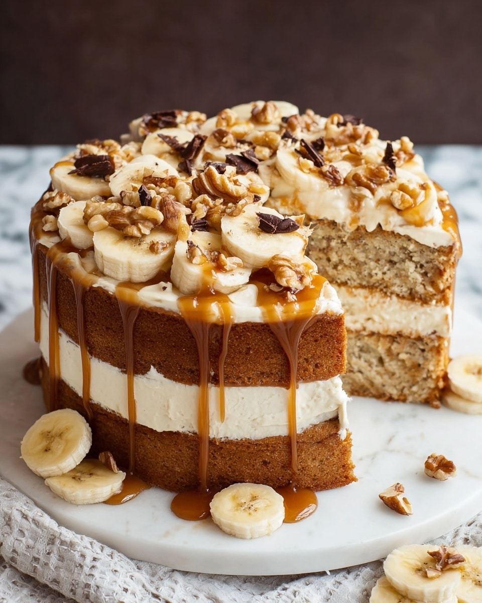A round cake with one thick layer covered in smooth, light brown frosting with wave-like swirls all around. The top of the cake has a circle of dark brown pecan halves placed closely together in the center. Drizzles of shiny caramel sauce run down the sides and top of the cake unevenly. The cake sits on a white plate with a blue rim, placed on a white marbled surface with a dark blurred background. Photo taken with an iphone --ar 4:5 --v 7