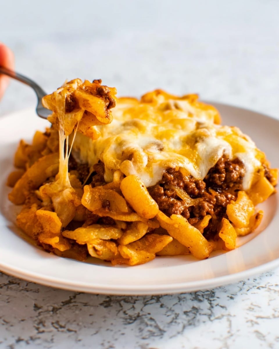 The image shows a close-up of a white plate with a layered taco dish. The bottom layer is made of crispy yellow tortilla chips, unevenly spread across the plate. On top, there is a thick layer of brown, chunky cooked ground meat mixed with tomato sauce. The top layer is melted creamy white cheese, slightly golden in some places, draped over the chips and meat. The scene is set on a white marbled surface, and the lighting highlights the melted cheese and the texture of the meat. The photo taken with an iphone --ar 4:5 --v 7