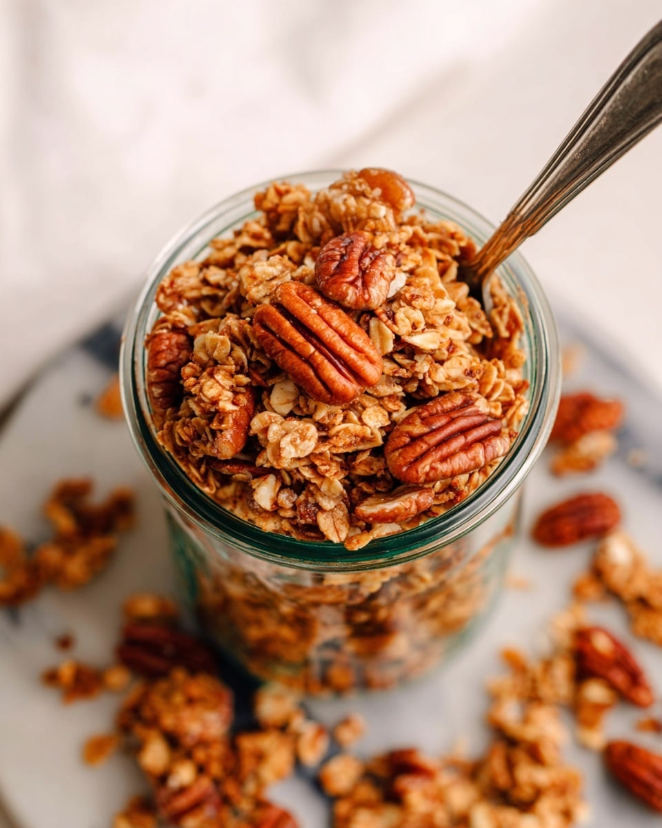 The image shows a clear glass jar filled to the top with golden brown granola mixed with large, whole pecans. The granola clusters are chunky and textured, with a mix of oats and nuts, some pieces spilling out around the jar on a white marbled surface. A silver spoon is sticking out from the jar, adding a shiny contrast to the warm colors of the granola. Photo taken with an iphone --ar 4:5 --v 7